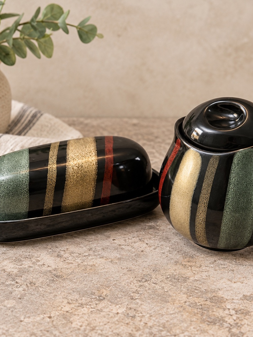 Sango Black Gold Green Red Striped Ceramic Butter Dish and Sugar Bowl Set